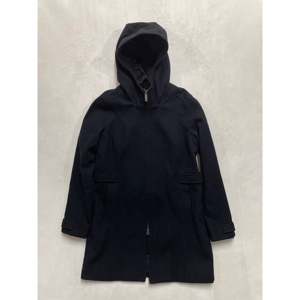 Eddie Bauer Black Wool Blend Hooded Full Zip Coat Petite S WPL 9647